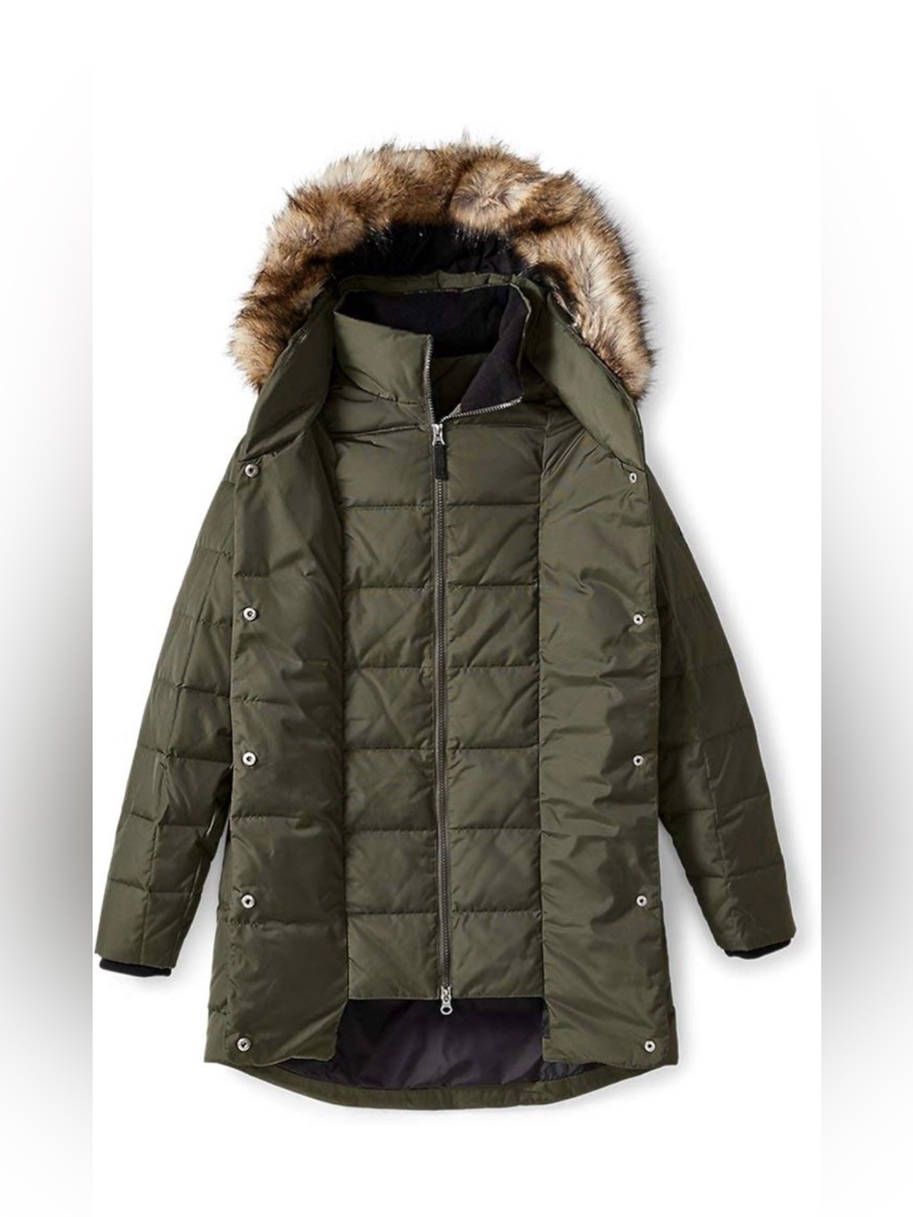Eddie Bauer Olive Green Quilted Puffer Parka with Faux Fur Trim